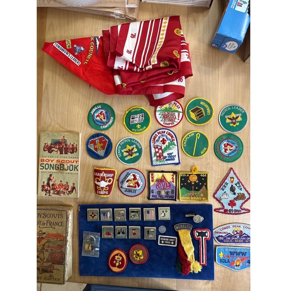 Vintage Boy Scouts BSA Lot Longs Peak Council Patches Whistle Books Neckerchiefs
